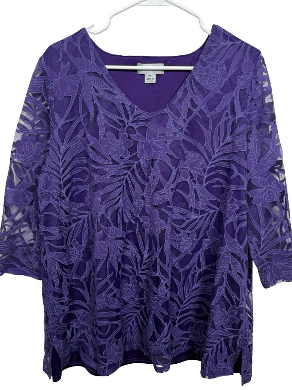 Catherines Top Blouse 1X Purple Floral Overlay Business Casual Boho